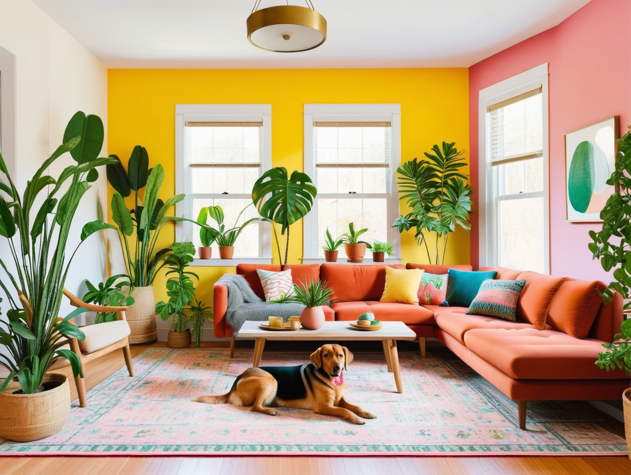 A nicely decorated colorful living room with plants for Roommates